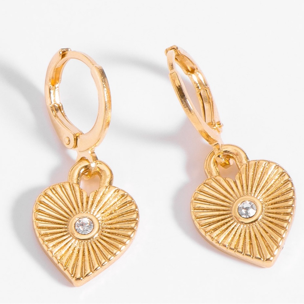 18K gold plated dangle heart earrings with center Swarovski crystal BNIB